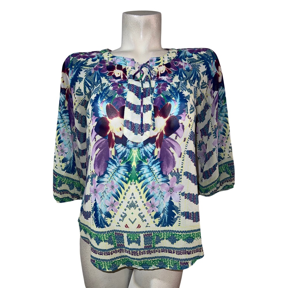 Fig and Flower Floral Lace Back Blouse PS Petite Small Multi Color 3/4 Sleeve